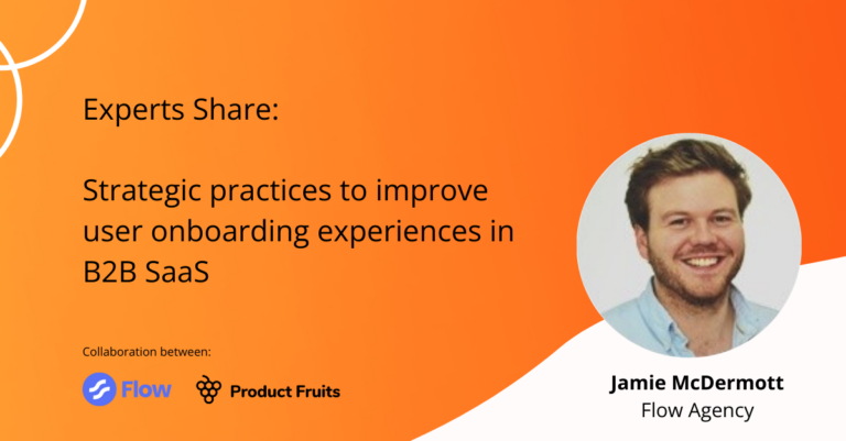 User onboarding strategy title with screenshot of expert from the Flow agency to show expertise and orange background