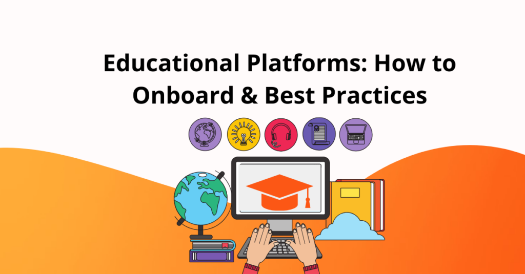 educational platform visual cartoon and title of edtech onboarding blog on orange background